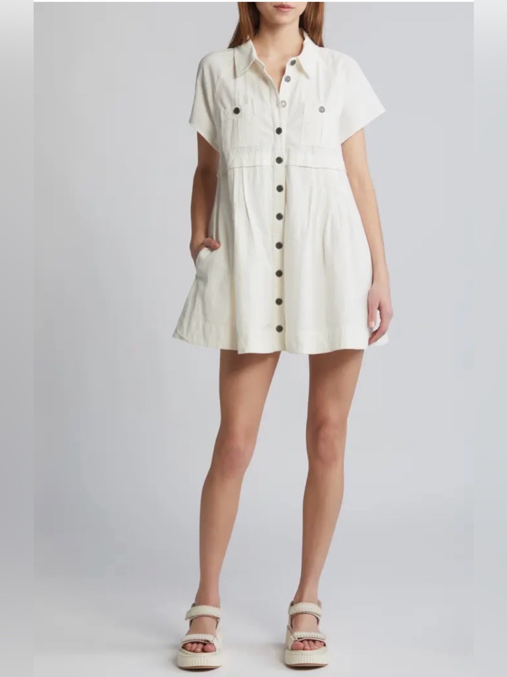 Free People Cream Button-Front Shirt Dress